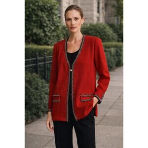 Vintage St John Collection Red Knit Jacket Blazer SZ 2 Oversized Shoulder Pads